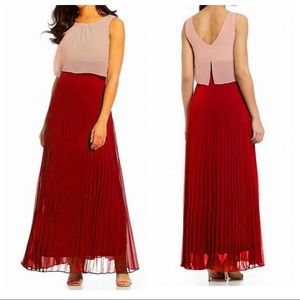 Sangria Two Tone Red Pink Sleeveless Popover Flounce Layer Pleated Maxi Dress